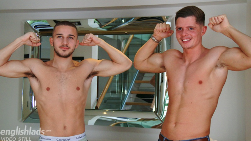 straight boys Logan Brown and Jack Montague shirtless and posing